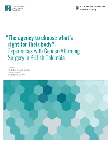 At the top are are logos of SARAVYC and UBC School of Nursing. The main text reads, ““The agency to choose what’s right for their body”: Experiences with Gender-Affirming Surgery in British Columbia.” Below the main text are the names of the three authors. Last is a teal-green gradient geometric image.