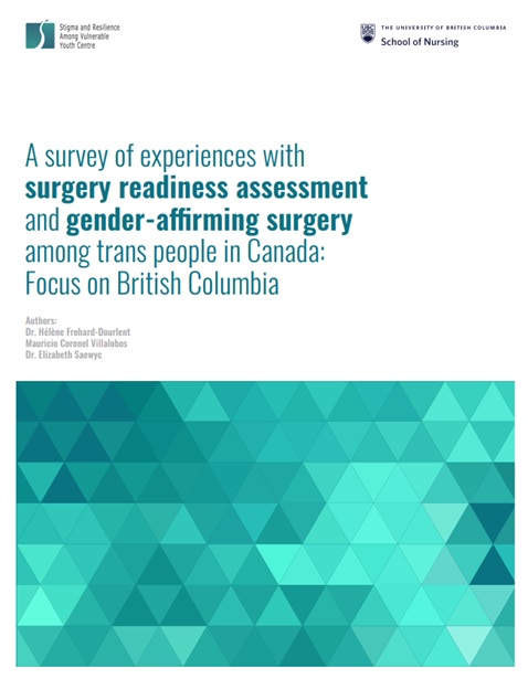 At the top are are logos of SARAVYC and UBC School of Nursing. The main text reads, “A survey of experiences with surgery readiness assessment and gender-affirming surgery among trans people in Canada: Focus on British Columbia.” Below the main text are the names of the four authors. Last is a teal-green gradient geometric image.