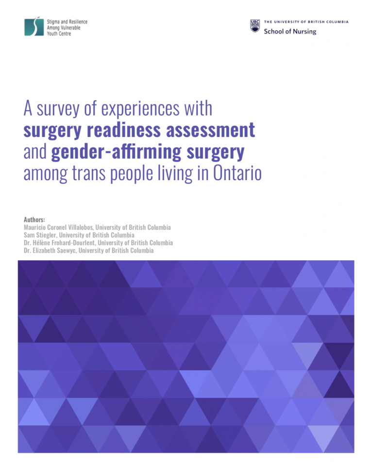 At the top are are logos of SARAVYC and UBC School of Nursing. The main text reads, “A survey of experiences with survey readiness assessment and gender-affirming survey among trans people living in Ontario.” Below the main text are the names of the four authors. Last is a purple gradient geometric image.