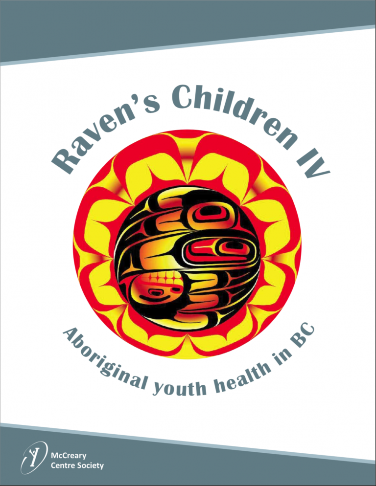 The main text reads, “Raven’s Children IV: Aboriginal youth health in BC” and is depicted around an image of an Aboriginal symbol. Below is the McCreary Centre Society logo