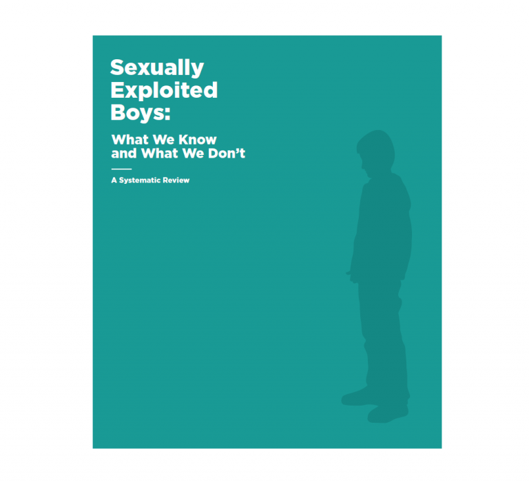 Text from top to bottom reads, "Sexually Exploited Boys: What We Know and What We Don’t. A systematic review.” To the right is a silhouette of a young person.