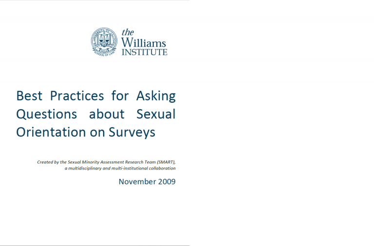 The main text reads, “Best Practices for Asking Questions about Sexual Orientation on Surveys” and dated November 2009. At the top is the Williams Institute logo
