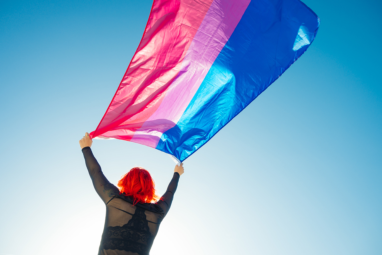 Person holding the Bisexual Rainbow Flag with the blue sky in the background